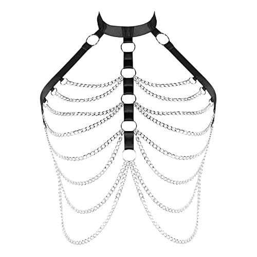 PETMHS Punk Brust Harness BH Body Chain für Damen Truhe Kette Schwarz Gothic Halsband Ketten Riemchen Geschirr BHs Körperschmuck Clubwear Mode Belly Belts (Schwarzes Silber O275) von PETMHS