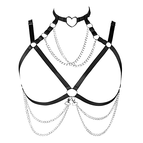 PETMHS Punk Brust Harness BH Body Chain für Damen Truhe Kette Schwarz Gothic Halsband Ketten Riemchen Geschirr BHs Körperschmuck Clubwear Mode Belly Belts (Schwarzes Silber O290) von PETMHS