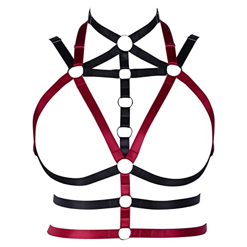 PETMHS Punk Brust Harness BH Body Chain für Damen Truhe Kette Schwarz Gothic Halsband Ketten Riemchen Geschirr BHs Körperschmuck Clubwear Mode Belly Belts (Schwarzes Weinrot O276) von PETMHS