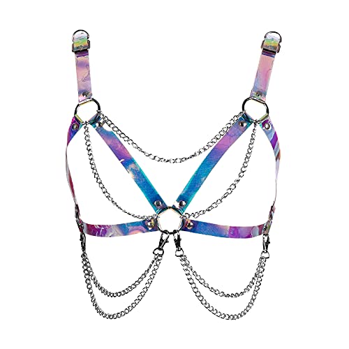 PETMHS Punk Damen Leder Aushöhlen BH Breast Körperketten Schwarz Fetisch Dessous Gürtel Kette Strand Voll Rahmen Taille Käfig Brustgeschirr Charm Party Club Rave Körper Zubehör Schmuck (Laser bunt) von PETMHS