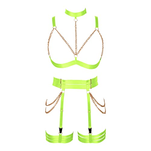 PETMHS Punk Hüften Harness Taille Bein käfigbetten Geschirr Gotisch Oberschenkel Strumpfhalter Gürtel für Damen Rave Body Körperschmuck Clubwear Mode Belly Belts Outfit (Fluorescent green) von PETMHS