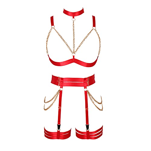 PETMHS Punk Hüften Harness Taille Bein käfigbetten Geschirr Gotisch Oberschenkel Strumpfhalter Gürtel für Damen Rave Body Körperschmuck Clubwear Mode Belly Belts Outfit (Red) von PETMHS