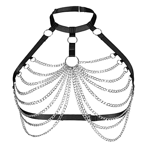 PETMHS Punk Hüften Harness Taille Bein käfigbetten Geschirr Gotisch Oberschenkel Strumpfhalter Gürtel für Damen Rave Body Körperschmuck Clubwear Mode Belly Belts Outfit (Schwarz Silber O168) von PETMHS