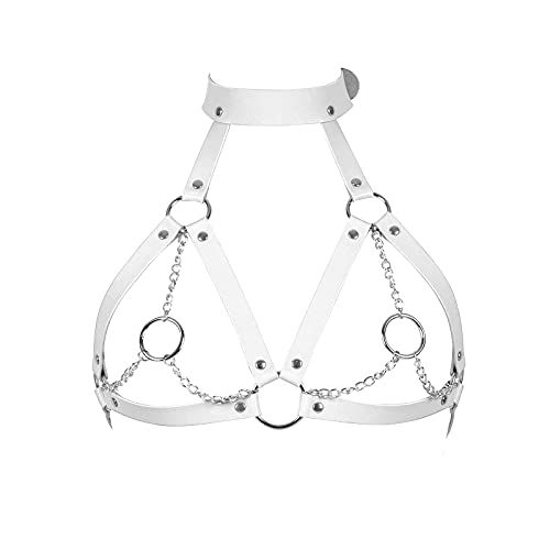 PETMHS Punk Leder BH Körperketten Schwarz Gürtel Kette Strand Voll Rahmen Taille Käfig EDC Elastic Brustgeschirr Charm Party Club Rave Körper Zubehör Schmuck für Frauen Leather Harness (Weiß) von PETMHS
