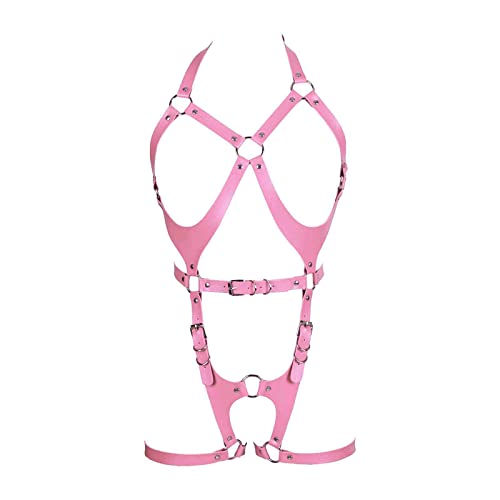 PETMHS Punk Leder Harness BH Body Belts Gothic Rave Body Chain ganzer Körpergurt Taillenketten Nightclub Prom Body Chains Mode Belly Belts Body für Frauen Schwarz (Rosa) von PETMHS