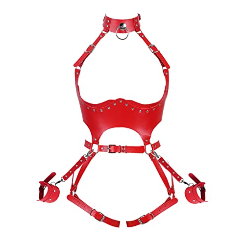 PETMHS Punk Leder Harness BH Gothic Rave Body Chain ganzer Körpergurt Taillenketten Nightclub Prom Body Chains Mode Belly Belts Body für Frauen Schwarz (Rot) von PETMHS