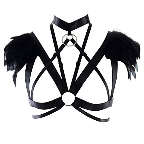 PETMHS Damen Harness Feder Epaulette mit Federn Schulterflügel Schulter Flügel Körper Kabelbaum BH Ärmellos Sling Top Hohl BH Punk Gothic Feder Flügel Dance Rave Wear (Schwarz) von PETMHS