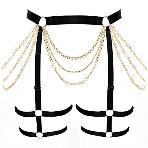 Punk Brust Harness BH Body Chain für Damen Truhe Kette Schwarz Gothic Halsband Ketten Riemchen Geschirr BHs Körperschmuck Clubwear Mode Belly Belts (Schwarzes Gold P126) von PETMHS