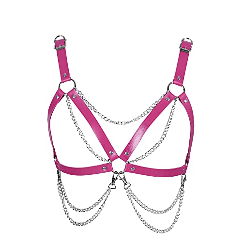 Punk Damen Leder Aushöhlen BH Breast Körperketten Schwarz Fetisch Dessous Gürtel Kette Strand Voll Rahmen Taille Käfig Brustgeschirr Charm Party Club Rave Körper Zubehör Schmuck (Rose Rot) von PETMHS