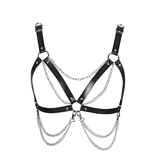 Punk Damen Leder Aushöhlen BH Breast Körperketten Schwarz Fetisch Dessous Gürtel Kette Strand Voll Rahmen Taille Käfig Brustgeschirr Charm Party Club Rave Körper Zubehör Schmuck (Schwarz) von PETMHS