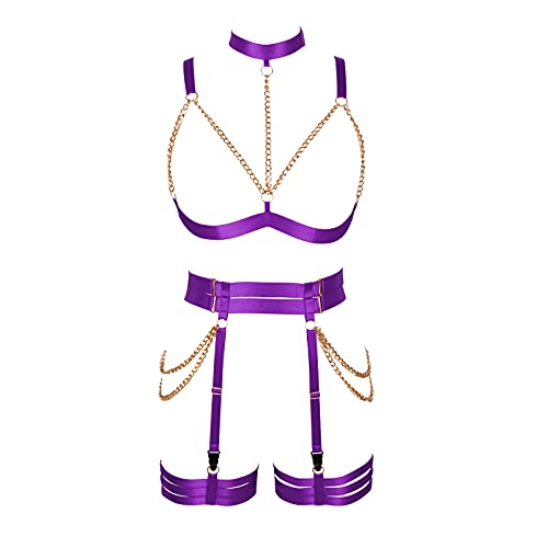 Punk Hüften Harness Taille Bein käfigbetten Geschirr Gotisch Oberschenkel Strumpfhalter Gürtel für Damen Rave Body Körperschmuck Clubwear Mode Belly Belts Outfit (Purple) von PETMHS