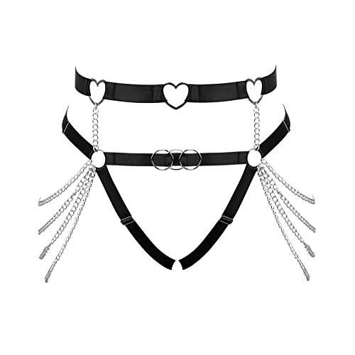 Punk Hüften Harness Taille Bein käfigbetten Geschirr Gotisch Oberschenkel Strumpfhalter Gürtel für Damen Rave Body Körperschmuck Clubwear Mode Belly Belts Outfit (Schwarz Silber P119) von PETMHS