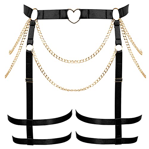 Punk Hüften Harness Taille Bein käfigbetten Geschirr Gotisch Oberschenkel Strumpfhalter Gürtel für Damen Rave Body Körperschmuck Clubwear Mode Belly Belts Outfit (Schwarz Silber P124) von PETMHS