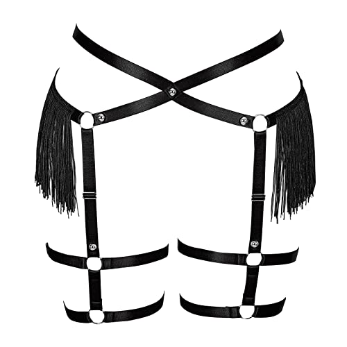 Punk Hüften Harness Taille Bein käfigbetten Geschirr Gotisch Oberschenkel Strumpfhalter Gürtel für Damen Rave Body Körperschmuck Clubwear Mode Belly Belts Outfit (Schwarz Silber P48) von PETMHS