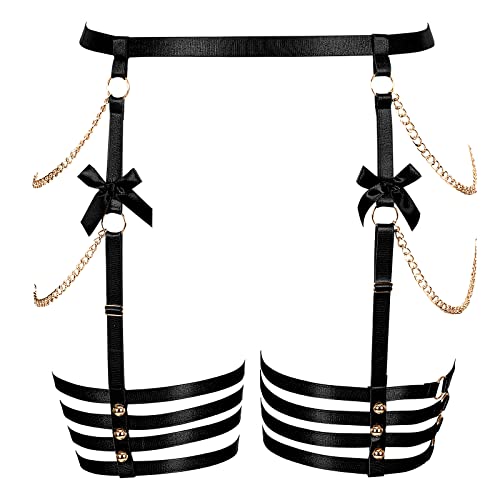 Punk Hüften Harness Taille Bein käfigbetten Geschirr Gotisch Oberschenkel Strumpfhalter Gürtel für Damen Rave Body Körperschmuck Clubwear Mode Belly Belts Outfit (Schwarzes Gold P73) von PETMHS