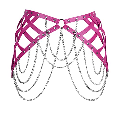 Punk Leder Gürtel Mehrlagige Kette mit Quasten Kette Bein Strumpfband Gürtel Mehrlagig Schmuck Body Harness Dessous Damen ketten Schwarz Strand Mode Charm Körper Zubehör Abschlussball (Rose Rot) von PETMHS