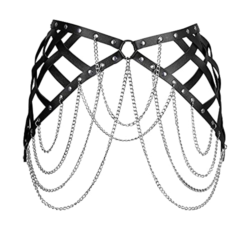 Punk Leder Gürtel Mehrlagige Kette mit Quasten Kette Bein Strumpfband Gürtel Mehrlagig Schmuck Body Harness Dessous Damen ketten Schwarz Strand Mode Charm Körper Zubehör Abschlussball (Schwarz) von PETMHS