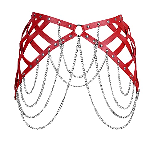 Punk Leder Gürtel Mehrlagige Kette mit Quasten Kette Bein Strumpfband Gürtel Mehrlagig Schmuck Body Harness Dessous Damen ketten Schwarz Strand Mode Charm Körper Zubehör Abschlussball (rot) von PETMHS