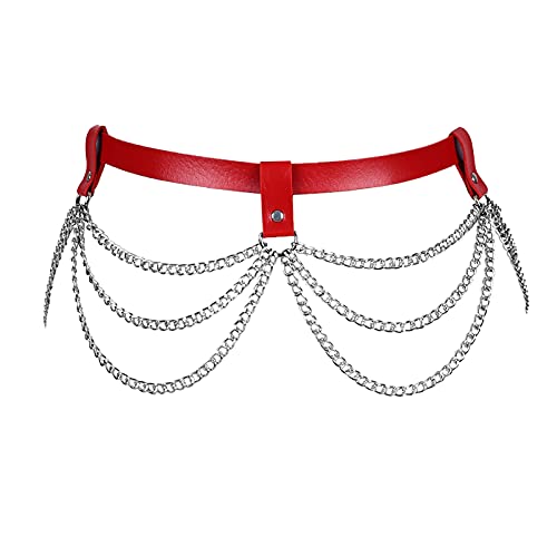 Punk Leder Taille Gürtel Body Harness Dessous Damen Körperketten Schwarz Gürtel Kette Strand Mode Charm Körper Zubehör Schmuck (rot) von PETMHS