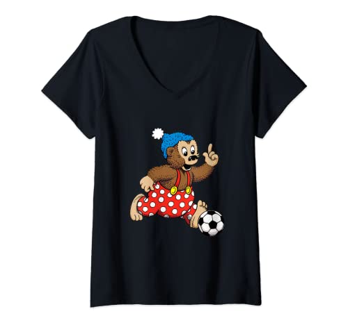 Damen PETZI . Der Bär / Rasmus Klump . The Bear (Logo) Spring 2022 T-Shirt mit V-Ausschnitt von PETZI . Rasmus Klump