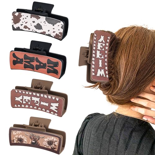4stk Western-Haarklammern aus Leder, Quadratische Klammern Haarschmuck aus Rindsleder mit Südwest-Kuhmuster Ästhetische Große Haarspangen für Mädchen und Frauen Dickes Langes Haar (4 Stile) von PEUTIER