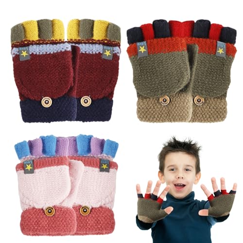 PEUTIER 3 Paar Fingerlose Handschuhe für Kinder, Umwandelbar Babyhandschuhe Winter Handschuhe für Kleinkinder mit Klappdeckel Gestrickt für Kinder Jungen Mädchen 2-8 Jahre(Burgund, Grün, Rosa) von PEUTIER