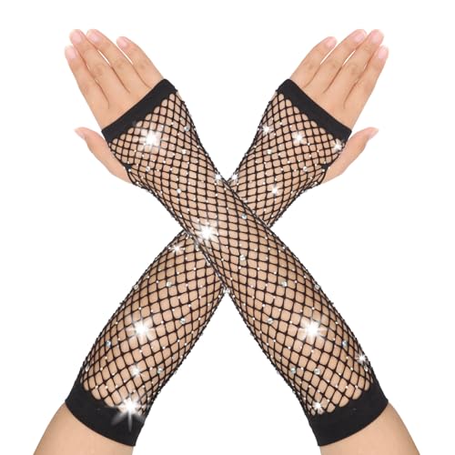 PEUTIER Lange Fingerlose Netzhandschuhe, Lange Netzhandschuhe Strass Netz Armstulpen Schwarze Mesh Strass Handschuhe 80er Jahre Kostümzubehör für Damen Mädchen Party Cosplay Abschlussb von PEUTIER