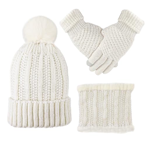 PEUTIER Set mit 3 Winteraccessoires für Damen, Einschließlich Warmer Fleece-Strickmütze Handschuh und Touchscreen-Handschuhen (Weiß) von PEUTIER