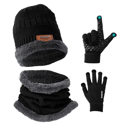 PEUTIER Wintermütze Schal Handschuhe Set, Fleece-Gefüttert Warme Strick-Schädelmütze Touchscreen-Handschuhe Kreisförmiger Halswärmer für Männer und Frauen Outdoor-Sport Wintergeschenke (Schwarz) von PEUTIER