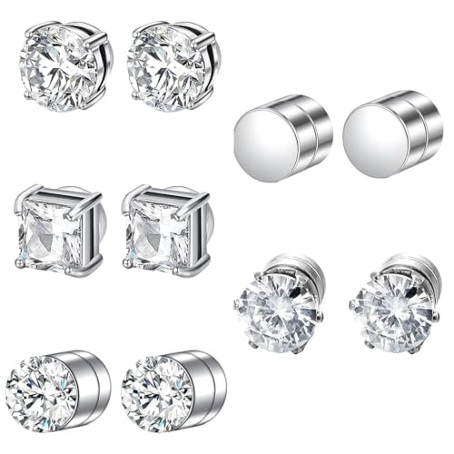 PEVRUAY Magnetische Ohrringe Herren & Damen, 5 Paare 6mm, Silber, Edelstahl & Zirkonia, Non-Pierced, Magnetisch, 316L, Ohrstecker von PEVRUAY