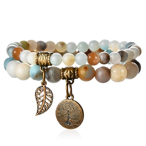 PEVRUAY Boho Armbänder Holzperlen Quaste Armband, Chakra Armband für Frauen, Natürliches Kristall heilsteine armband, Frauen Baum des Lebens Charm Statement Armreifen, Kristall Perle von PEVRUAY