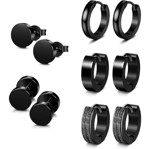 PEVRUAY Paar Edelstahl schwarz silber matt Herren, Herren Ohrringe Edelstahl Creolen Hoops Earrings Set Ohrringe Männer Frauen Knorpel Helix Piercing Ohr Mode Punk Ohrringe Creolen Schwarz Ohrringe von PEVRUAY