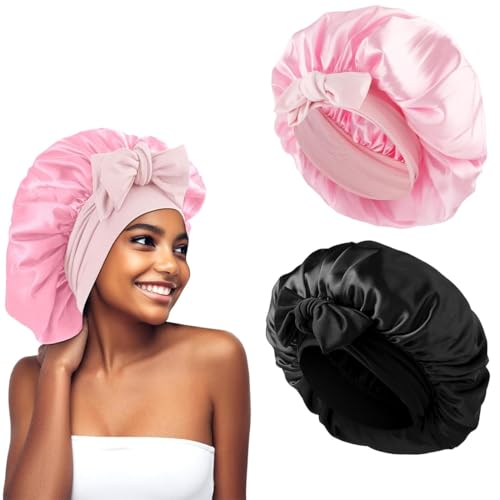 PEVRUAY Satin Schlafhaube,2 Stück Seidenhaube Verstellbar Haarhaube Seide mit 2 Stück Satin Haargummis,Nacht Schlaf Haube Damen Mädchen Atmungsaktive Schlafkappe Duschhauben (Schwarz,Rosa) von PEVRUAY