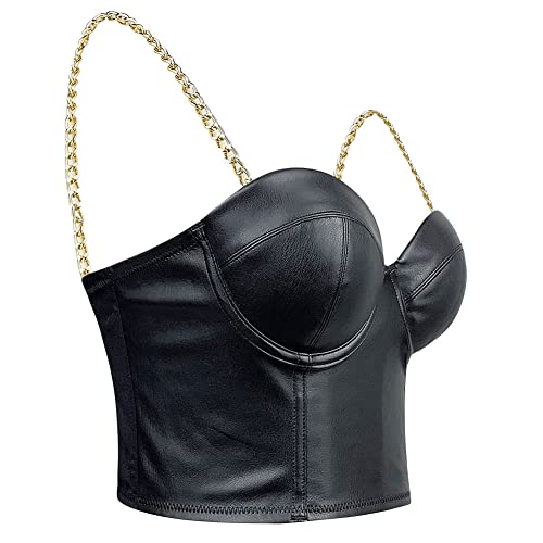 PEWRESLORS Damen Exotic Schwarz PU Leder Punk Tank Top Korsett Bustier Crop Top BH Cami Metallic Kette Träger Push Up Weste 14 (Schwarz-XL), Schwarz , 46 von PEWRESLORS