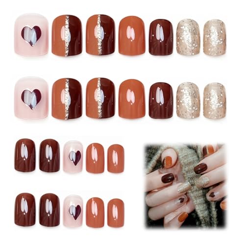 PEXIVOZ 24 Stück Quadratische Nägel zum Aufkleben,Kurz,Glänzend,Press on Nails,Braune Künstliche Nägel,Acryl Kunstnägel für Frauen und Mädchen,Partys und Heimat,DIY von PEXIVOZ