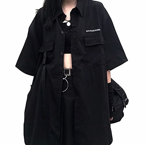 PEXIZUAN Gothic Anzug Sommer All-Match Schwarz Lose Hemd Tops Frauen Mode zweiteiliger Gothic Rock Harajuku Stil Punk Mode XXL (Top Shirt, M) von PEXIZUAN