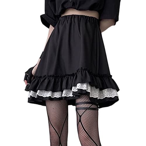 PEXIZUAN Gothic Lolita Rock Frauen Harajuku Hohe Elastische Taille Spitze Schwarz Mini Röcke Punk Gothic Faltenrock Süß Schule Mädchen (Lace,L) von PEXIZUAN