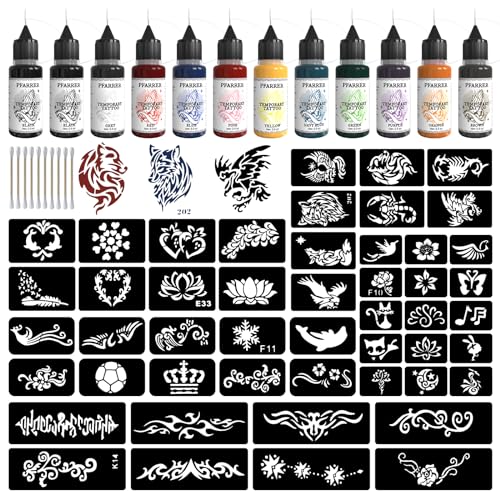 PFARRER Temporäre Kit12 Flaschen Farbe temporäre Tinte, 49 Big Pcs Schablonen Kit für Körperfarbe DIY gefälschte Tattoos für Kinder ZYH2309002KIT von PFARRER
