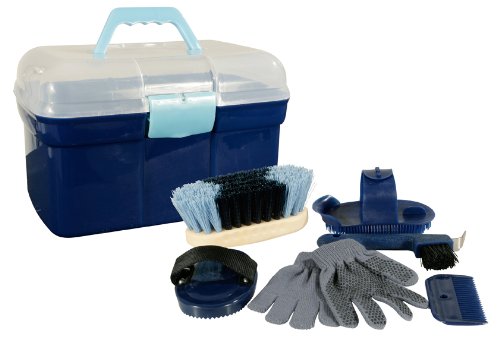 PFIFF 100576 Putzkiste mit Inhalt, Kinderputzbox, 6-teiliges Putzzeug für Kinder, Pferdepflege, Blau von PFIFF