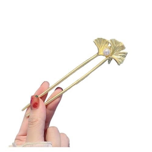 1pc Vintage Metall Ginkgo Blatt Haar Sticks for Frauen Elegante U Form Perle Haarnadel Kopfbedeckung Haar Zubehör(Golden) von PFIOEUL