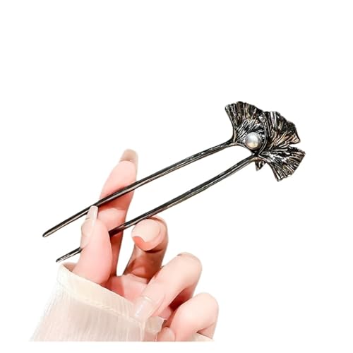 1pc Vintage Metall Ginkgo Blatt Haar Sticks for Frauen Elegante U Form Perle Haarnadel Kopfbedeckung Haar Zubehör(Gun Black) von PFIOEUL