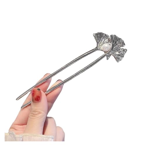 1pc Vintage Metall Ginkgo Blatt Haar Sticks for Frauen Elegante U Form Perle Haarnadel Kopfbedeckung Haar Zubehör(Silvery) von PFIOEUL