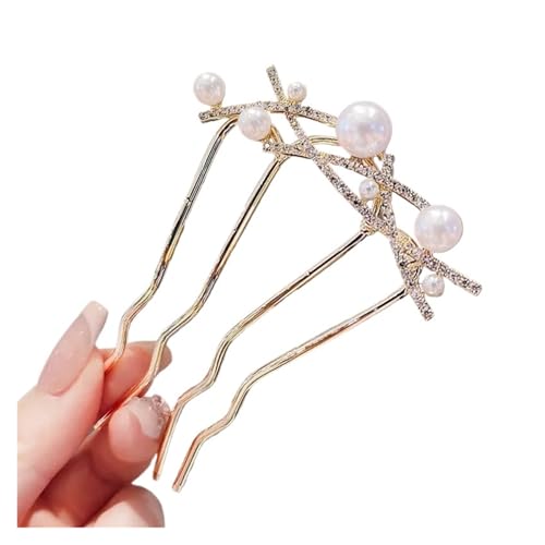 Gewellte Haarkämme mit Perlen und Blumen for Frauen, elegante U-förmige Haarnadel im Waldstil, hochwertige Haarspange aus Metall for Duttkopf(Pearl) von PFIOEUL
