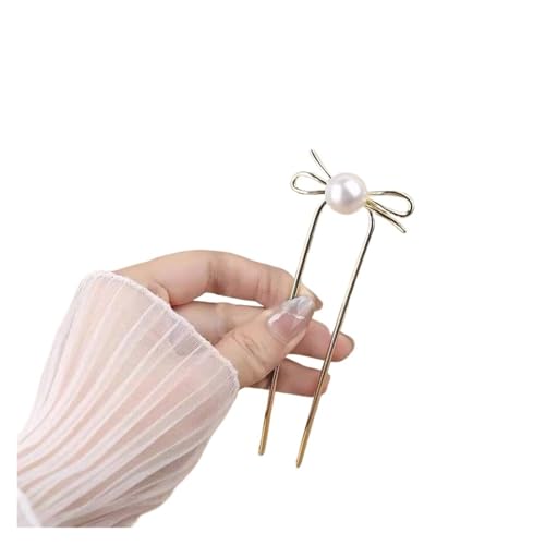 U-förmiger Haarstab aus Metall mit Schleife und Perle for Frauen, einfacher Haarkamm aus Kristall, Haarstyling-Zubehör(Gold-01) von PFIOEUL