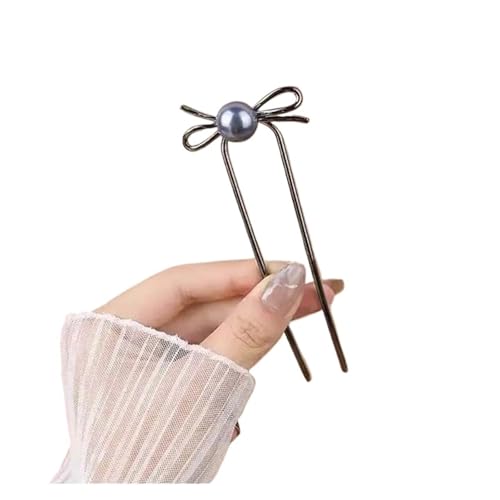 U-förmiger Haarstab aus Metall mit Schleife und Perle for Frauen, einfacher Haarkamm aus Kristall, Haarstyling-Zubehör(Gray-01) von PFIOEUL