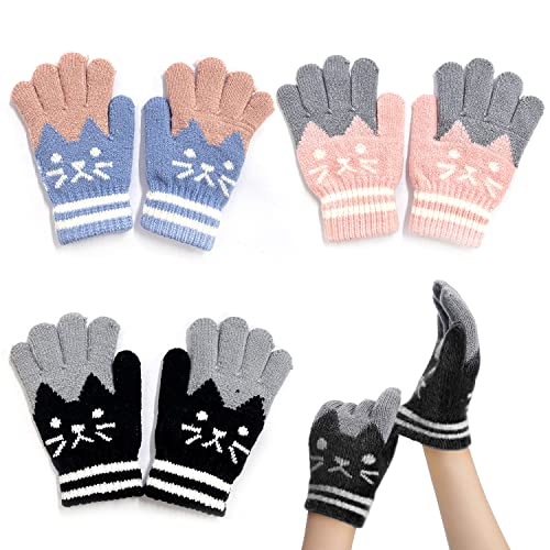 3 paar süße Katzenhandschuhe mit Plüschfutter, Winterstrickhandschuhe, Skihandschuhe, warme Handschuhe, Cartoon-Handschuhe, für Kinder geeignet (hellblau, pink, schwarz) von PFLYPF