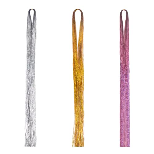 600 Haarverlängerungen aus glitzerndem Draht, Haarglätter, Holografisch, glatt, Haar-Accessoires für Frauen und Mädchen (Gold, Silber, Rosa) von PFLYPF