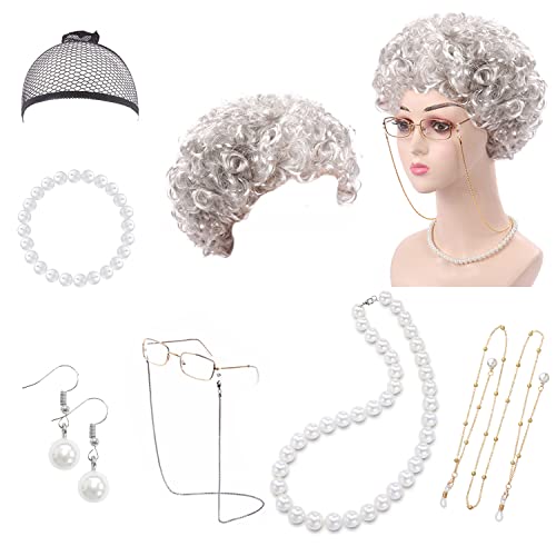 8-teiliges silbergraues lockiges Haar-Set, alte Frauenperücke, Make-up-Zubehör-Perücke, Oma-Grau-Perücke, Rollenspiel-Zubehör-Perücke, für Weihnachten, Halloween, Maskerade usw. von PFLYPF