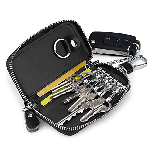 PFLYPF 1 Stück Rindsleder-Autoschlüsselanhänger, große Kapazität Reißverschluss Geldbörse mit Haken, klassischer Stil für Bankkarten, Schlüssel (Schwarz), Schwarz , 50 von PFLYPF