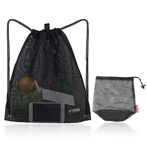 PFLYPF 1 x Netzrucksack mit Kordelzug und 1 x Netzbeutel mit Kordelzug, Rucksack mit Kordelzug, Tasche mit Kordelzug, Rucksack mit verstellbarem Riemen, Strand-Netz-Aufbewahrungstasche (schwarz) von PFLYPF